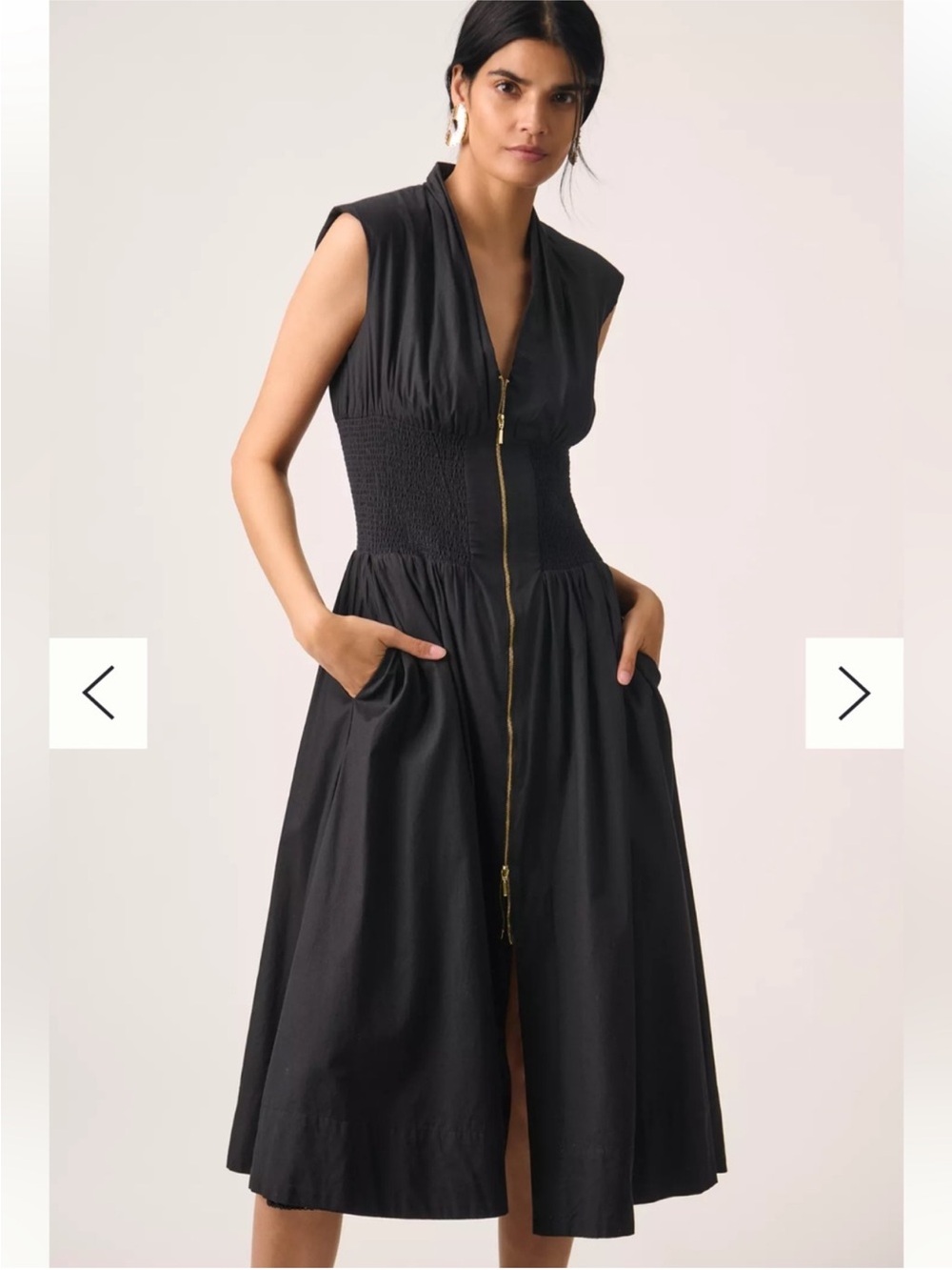Anthropologie The Tommie Zip-Front Midi Dress Black Cap-Sleeve Smocked